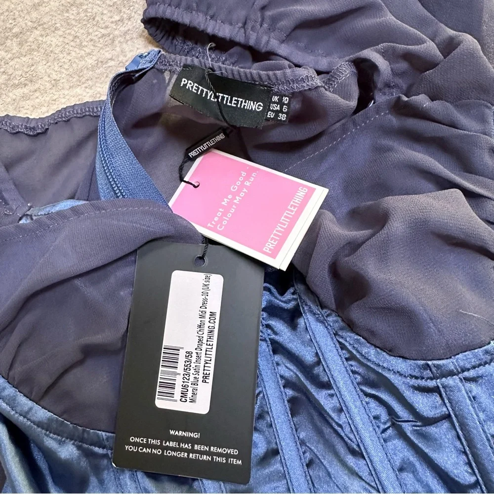 Pretty Little Thing Mineral Blue Satin Insert Draped Chiffon Midi Dress Small 6 - Picture 6 of 7